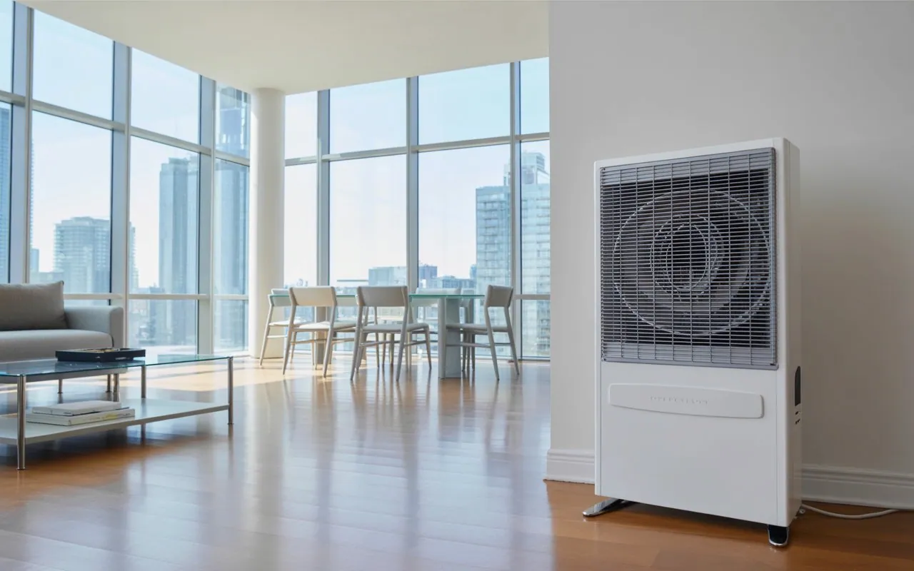 Professional bed bug heater rental equipment set up in a downtown Toronto condo.